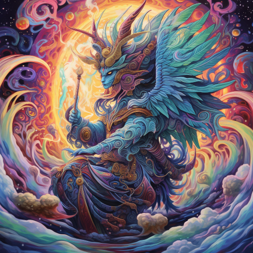 Create a detailed oil painting of an intergalactic being visiting Earth for the first time. This extraterrestrial being should be depicted as a majestic and mystical creature with iridescent wings, horns and feathers. It should be placed in a surreal landscape with vibrant colors depicting a glowing sky. The style should be a fusion of ukiyo-e art and hyper-realism, with attention given to the intricate details of the creature's anatomy and the landscape. The earthlings can be depicted as small and curious, observing the creature from afar.