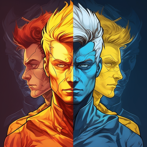 Create a comic book-style artwork of a person splitting into multiple versions of themselves, each with different personalities and traits. Each version should represent an aspect of the original person's psyche, with unique costumes and powers. Think Multiplicity meets 