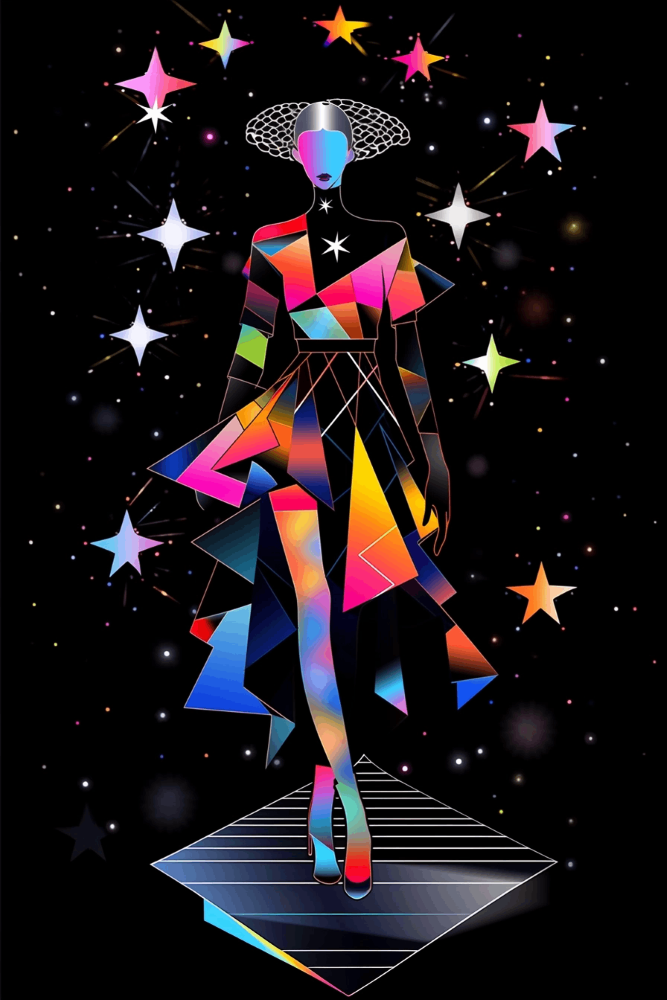 crazy fashion model with binary stars dress with planet in background. line and geometric formula cubism, kaleidoscopic and prismatic --niji 5