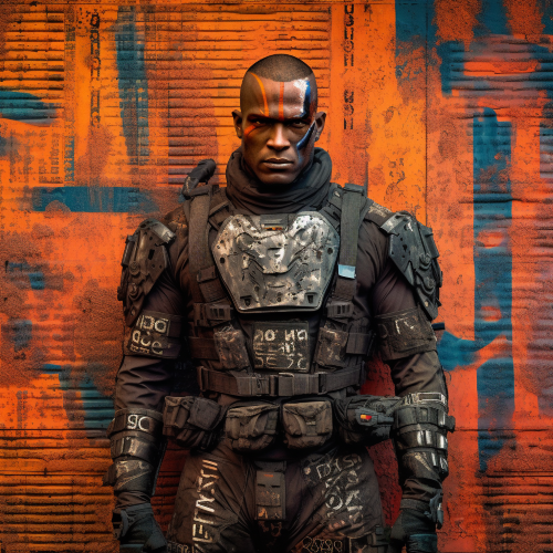 A photograph of a futuristic soldier, on a barren wasteland, with mosaics and abstract graffiti in the foreground and background. Utilize chiaroscuro to draw the eyes to the soldier, who stands confidently while holding a sci-fi weapon. Incorporate contrasting tones and Ricoh lines to give it a gritty, avant-garde feel